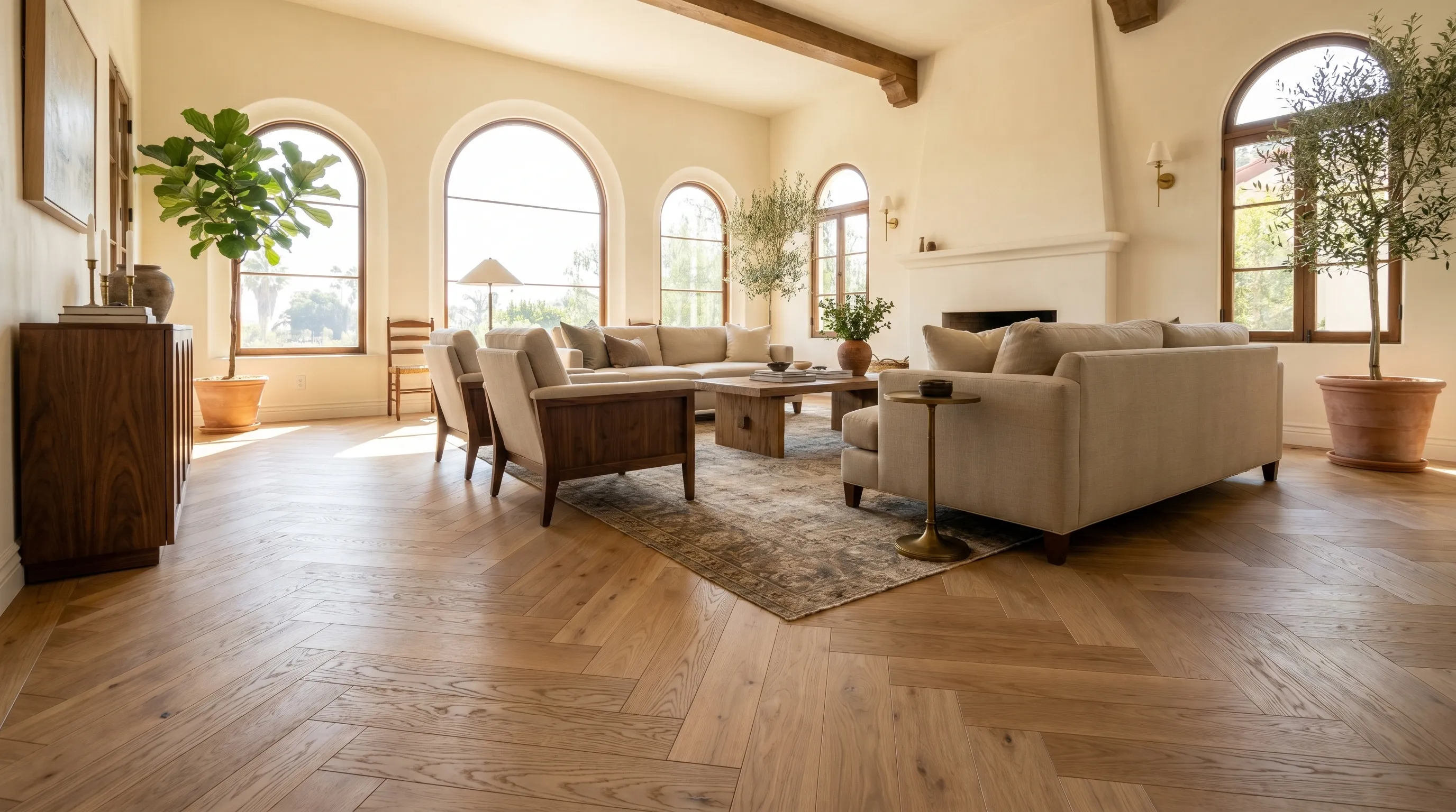 Wide-plank hardwood in a craftsman living room