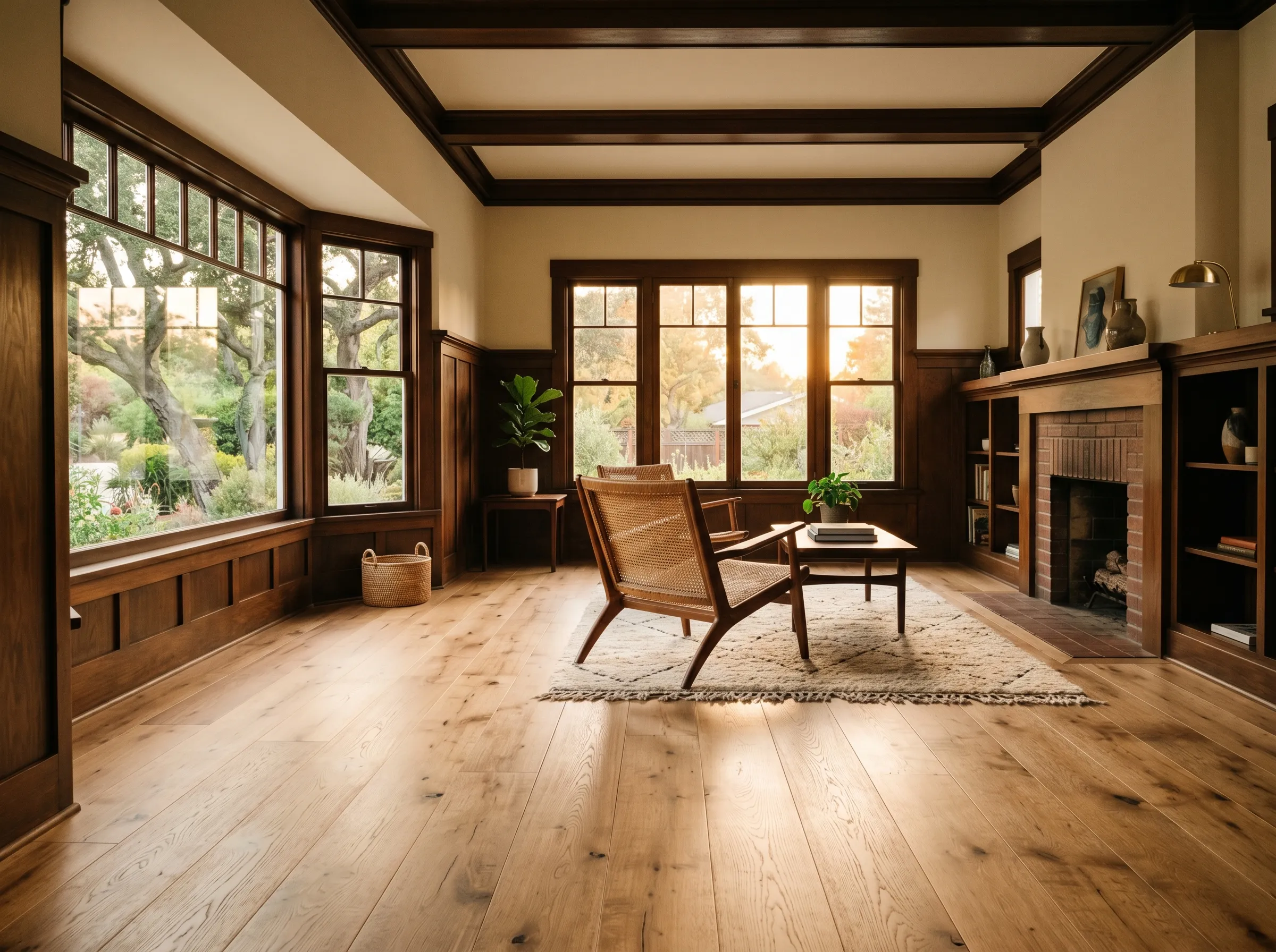 Freshly installed wide-plank oak floor in a California craftsman home