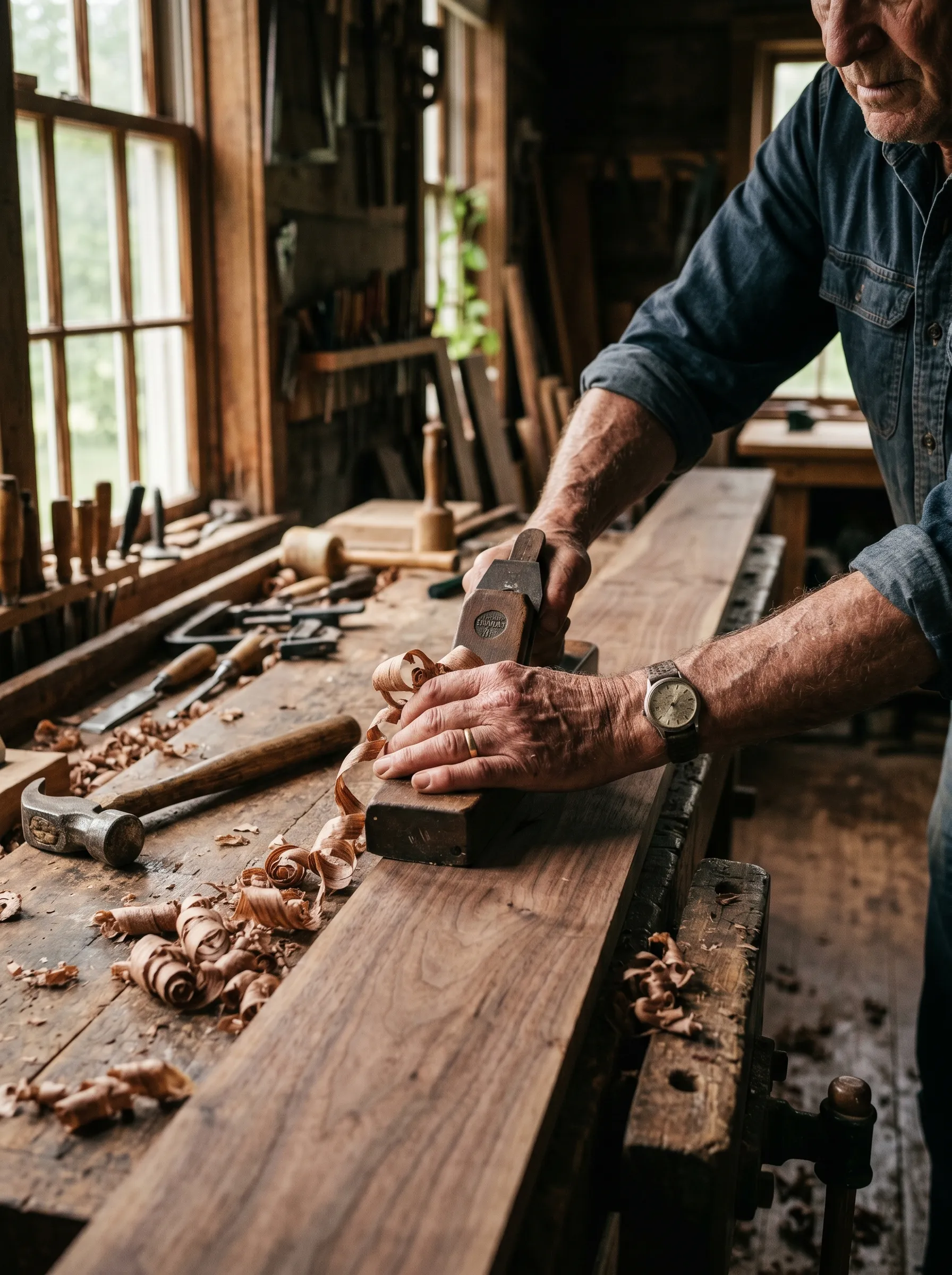 Craftsman hands planing a walnut floorboard in warm light